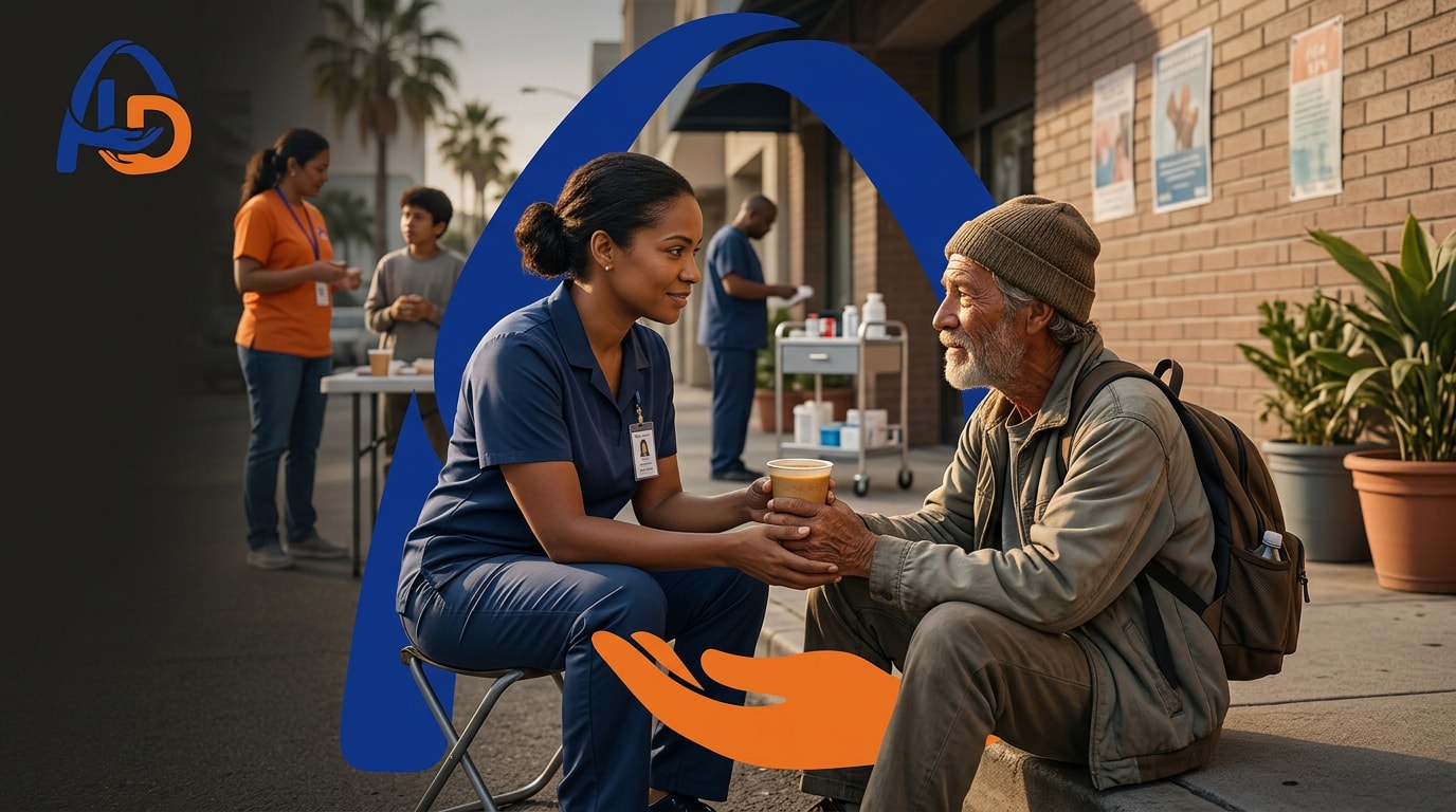 Trabajador de salud ayudando a persona mayor al aire libre